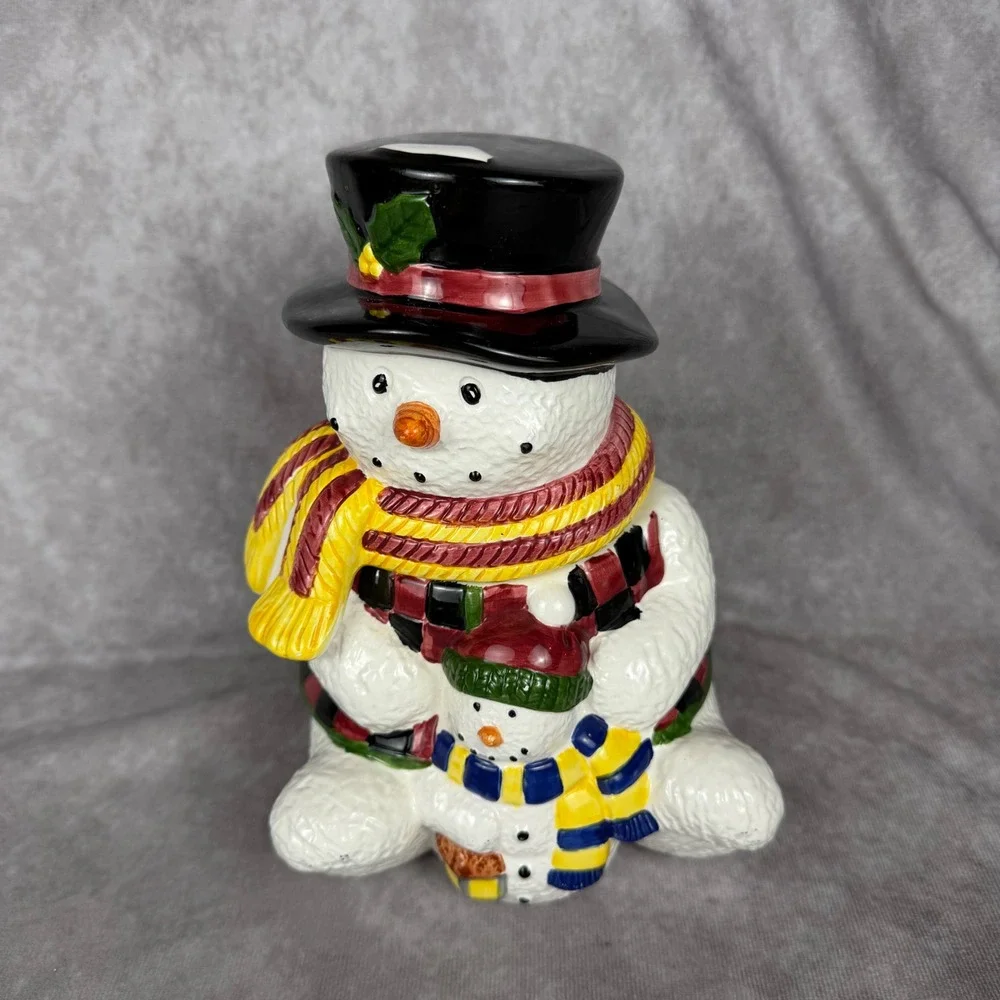 Vtg Snowman & Baby Cookie Jar Canister Ceramic Plaid Vest Christmas Holiday 9